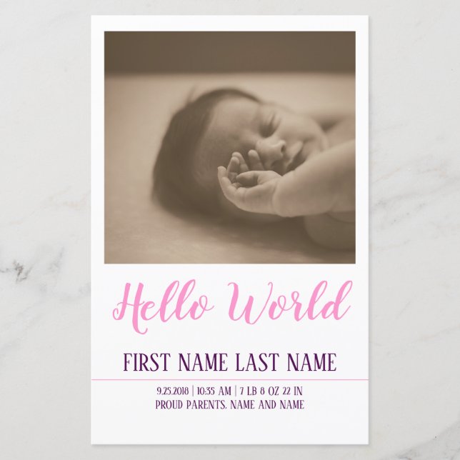 Hello World - födselannons med foto (Framsida)