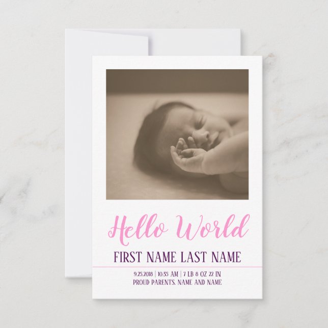 Hello World - födselannons med foto (Framsida)