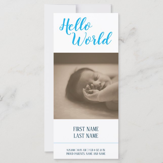 Hello World - födselannons med foto (Framsida)