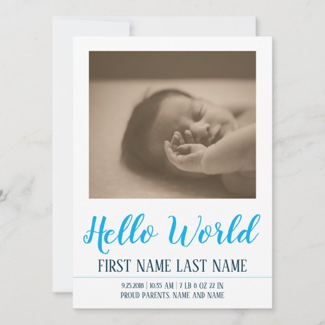 Hello World - födselannons med foto (Framsida)
