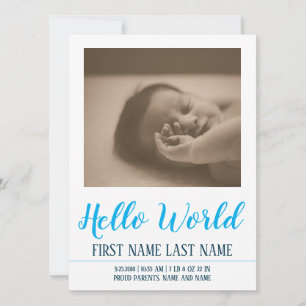 Hello World - födselannons med foto