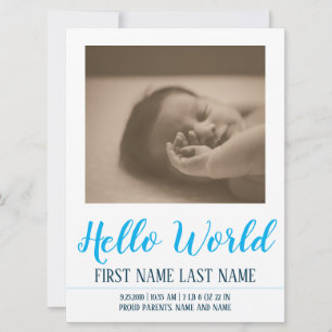 Hello World - födselannons med foto