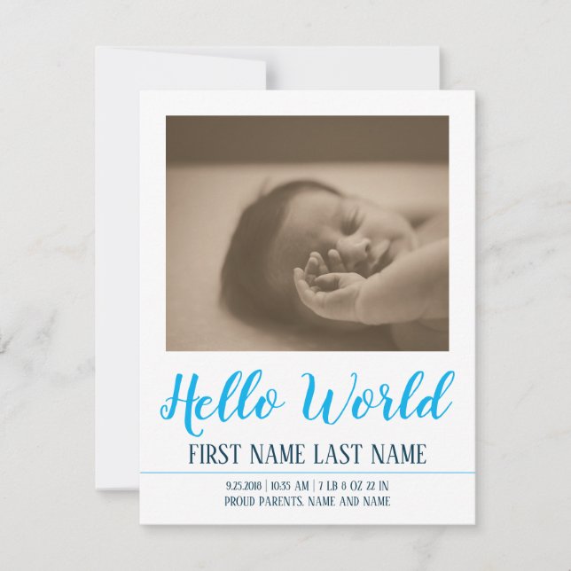 Hello World - födselannons med foto (Framsida)