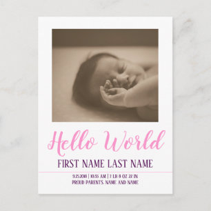 Hello World - födselannons med foto Helg Vykort