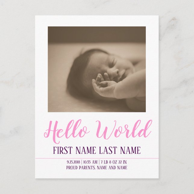 Hello World - födselannons med foto Helg Vykort (Framsida)