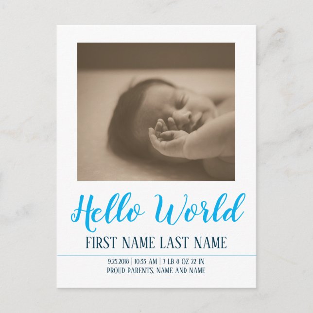 Hello World - födselannons med foto Helg Vykort (Framsida)
