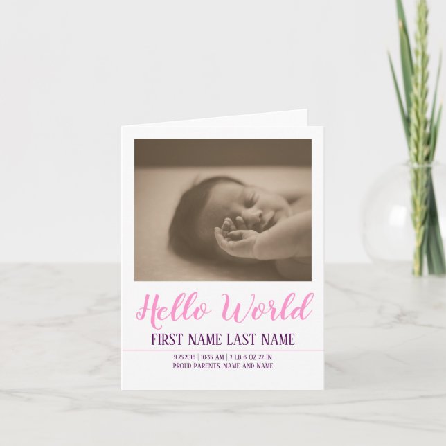 Hello World - födselannons med foto Kort (Framsida)