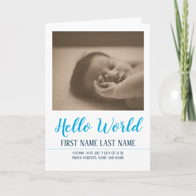 Hello World - födselannons med foto Kort (Framsida)