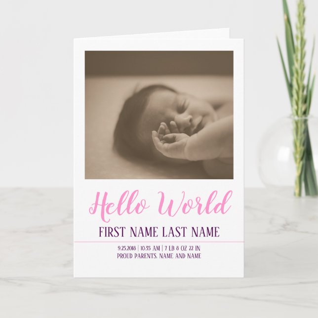 Hello World - födselannons med foto Kort (Framsida)