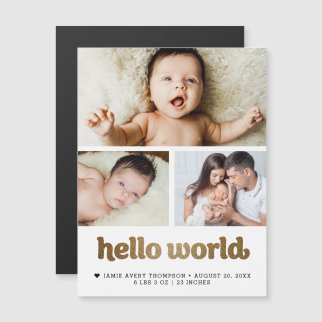 Hello World Gold text Photo Birth Announcement  (Fram/baksida)