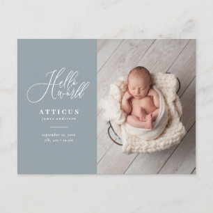 Hello world manus text foto födelse tillkännagivan meddelande vykort