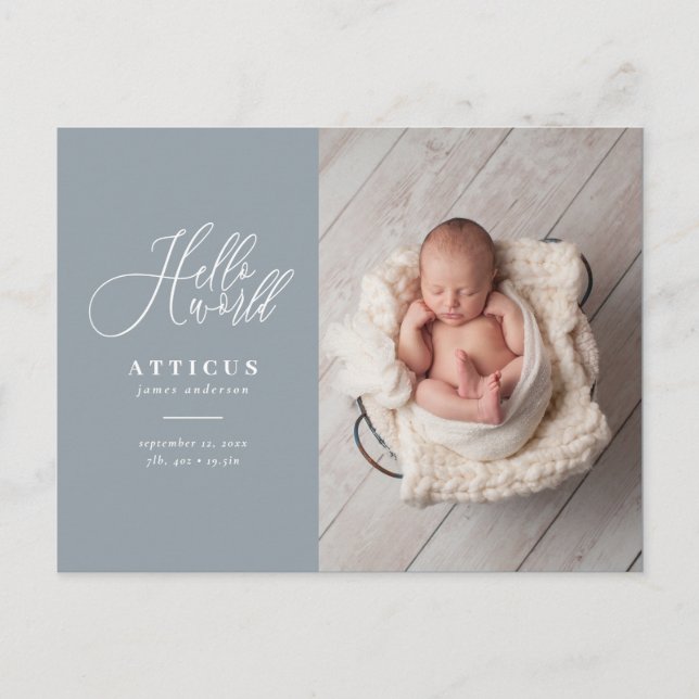 Hello world manus text foto födelse tillkännagivan meddelande vykort (Framsida)
