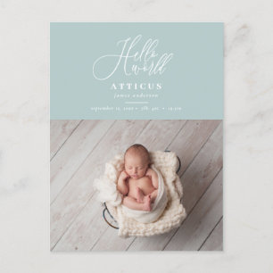 Hello world manus text foto födelse tillkännagivan meddelande vykort