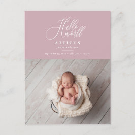 Hello world manus text foto födelse tillkännagivan meddelande vykort