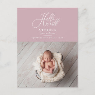 Hello world manus text foto födelse tillkännagivan meddelande vykort