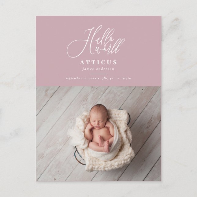 Hello world manus text foto födelse tillkännagivan meddelande vykort (Framsida)