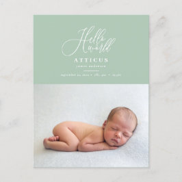 Hello world manus text foto födelse tillkännagivan meddelande vykort