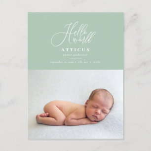 Hello world manus text foto födelse tillkännagivan meddelande vykort