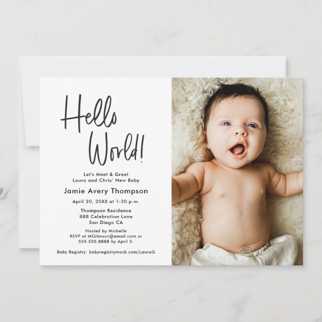 Hello World Modern Photo Meet & greet Baby Shower  Inbjudningar (Framsida)