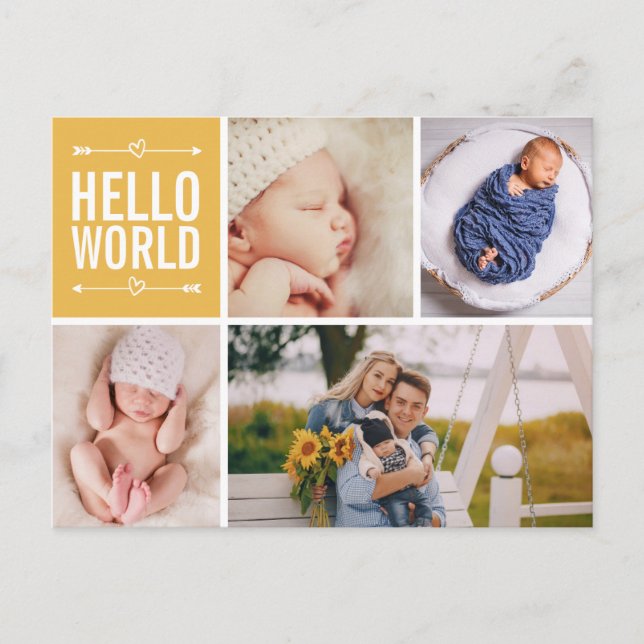 Hello World och födelseannonsering Fotokollage P Vykort (Framsida)