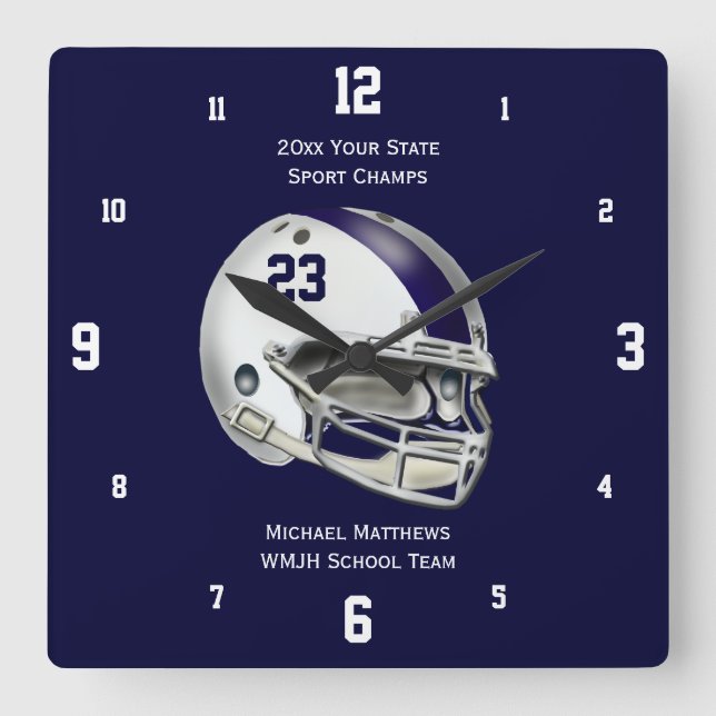 Helmet Namn Clock Blue Rand White Football Fyrkantig Klocka (Framsida)