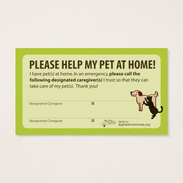 "HELP! I have Pets At Home” Pet Alert Card Visitkort (Baksidan)