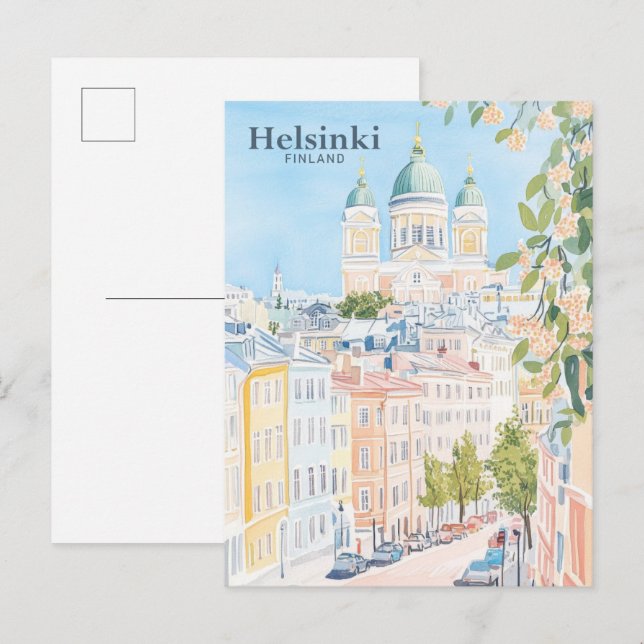 Helsingfors Finland Gouache Paint Illustration Tra Vykort (Fram/baksida)