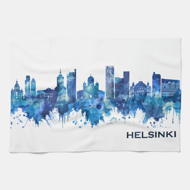 Helsingfors Finland Skyline Blue Kökshandduk (Horisontell)