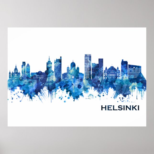 Helsingfors Finland Skyline Blue Poster (Framsidan)