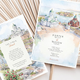 Helsinki Finland Akvarell Destination Bröllop Inbjudningar