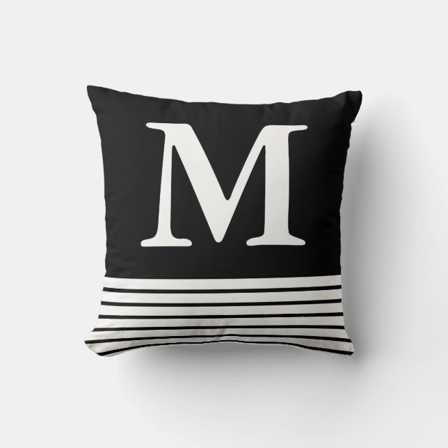 Helsvart med Anpassningsbarna B/W Rand monogrammat Kudde (Framsida)