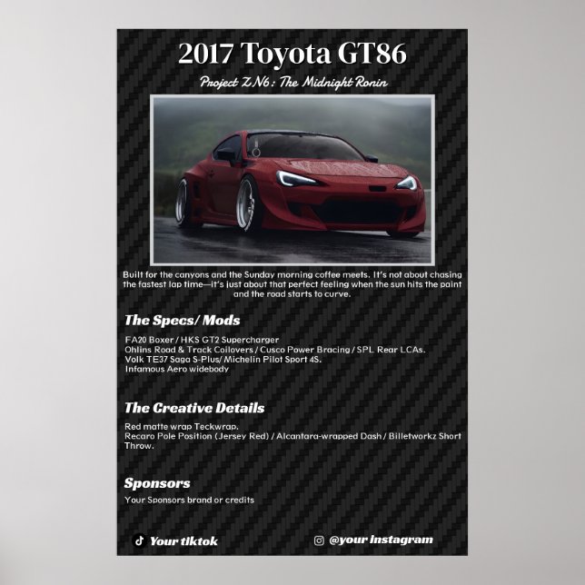 Helt anpassad specifikationstavla för bilshow poster (Framsidan)