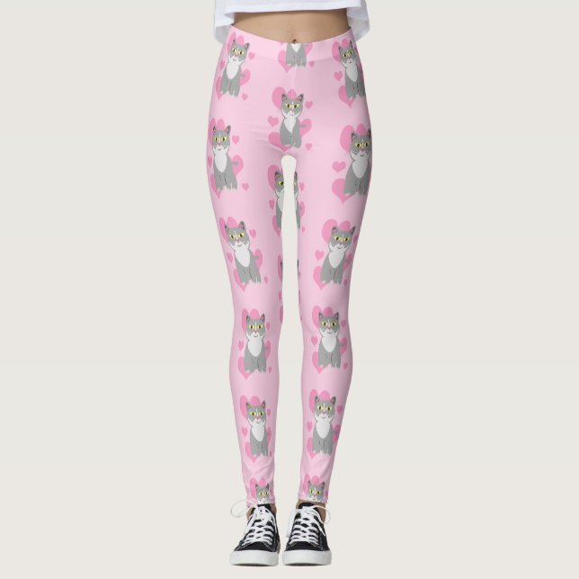 Helt Cute Grått Cat Kärlek Tecknad Mönster Art Leggings (Framsida)