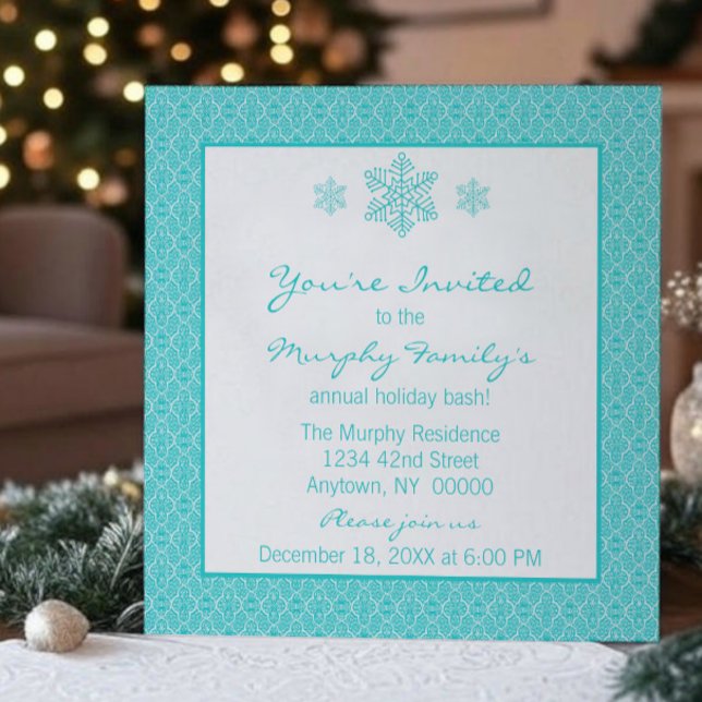 Helt enkelt den klassiska Snöflingor-julen i Damas Inbjudningar (Teal Simply Classic Damask Snowflakes Christmas Party Invitation)