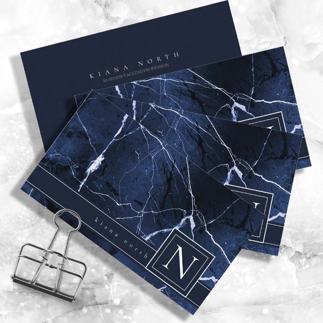 Helt enkelt Marble Monogarm Blue and White Std ID6 Visitkort (Skapare uppladdad)