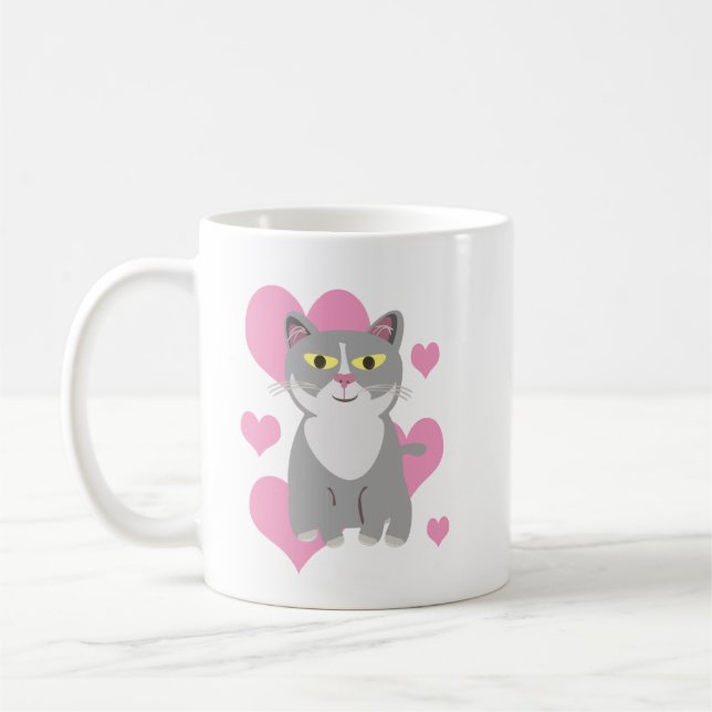 Helt söt grå katt kärleksfull konst rolig tecknad  kaffemugg (Vänster)
