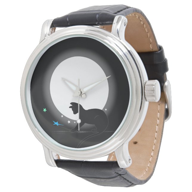 Helt svart katt och stjärnor armbandsur (Vinklad)