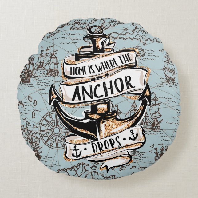 Hem är den plats där ankaren tappar Nautical Décor Rund Kudde (Framsidan)