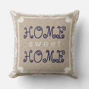 hem för Beige Linen White Ram Home Sweet Kudde