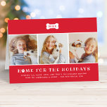 Hem för Helgdagarna Red Pet Hund Photo Collage Helgkort<br><div class="desc">Festivt "hem för Helgdagarna" matade med det hopfällda helgdag-fotokortet har en kollage med tre fyrkantiga foton av håriget nya vänner som är  med vänner och familj. Anpassa texten med anpassningsbar hälsning,  efternamn eller familj,  valpens namn och året. Utformningen omfattar söt utskrift,  hund och röd bakgrund färg (kan ändras).</div>
