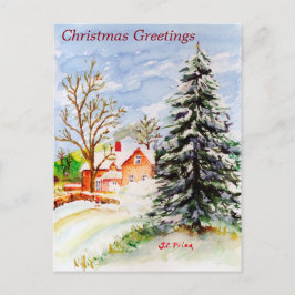 Hem för jul Snowy Winter Scene Watercolor Helg Vykort