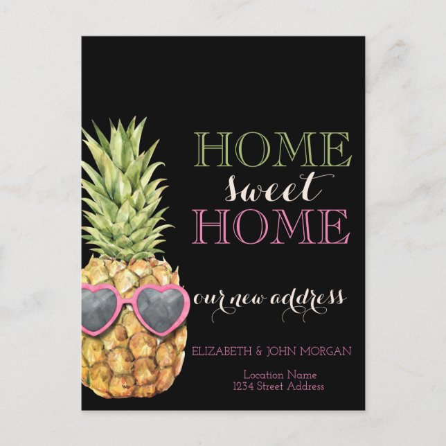 Hem Ljuva Hem,Cool Ananas,Svart Ny Adress Meddelande Vykort (Framsida)