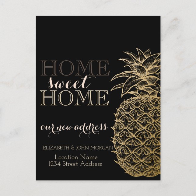Hem Ljuva Hem,Guld Ananas,Svart Nytt Adress Meddelande Vykort (Framsida)