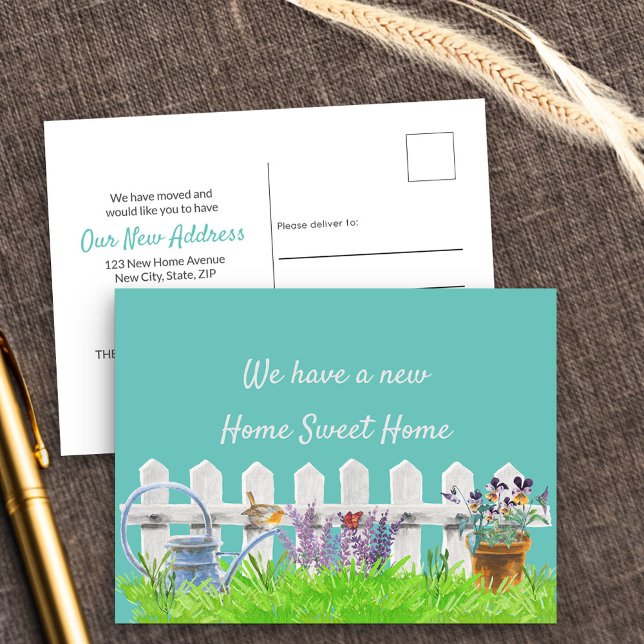 Hem Ljuva Hem Vit Pickettstaket Ny adress Meddelande Vykort (New Address postcard announcing your new home sweet home)