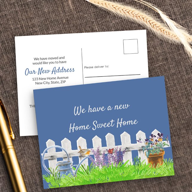 Hem Ljuva Hem Vit Staketgärd Vår Nya Adress Meddelande Vykort (New Address postcard with country garden scene)