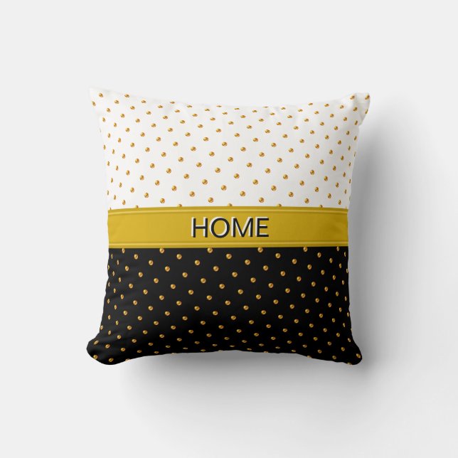 Hem och guld polka prickar på svart och vitt kudde (Framsida)