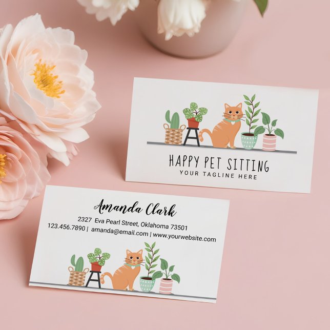 Hem Pet Sitta Loveable Lycklig Cat & House Plants Visitkort (Home Pet Sitting Loveable Happy Cat & House Plants Business Card)