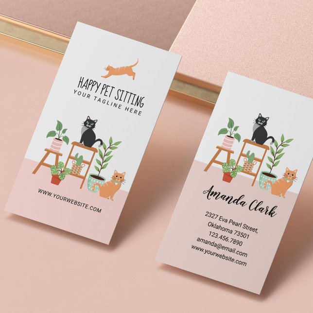 Hem Pet Sitta Loveable Lycklig Cat & House Plants Visitkort (Skapare uppladdad)