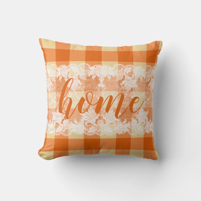 Hem-skript gingham orange farmhouse mönster kudde (Framsida)