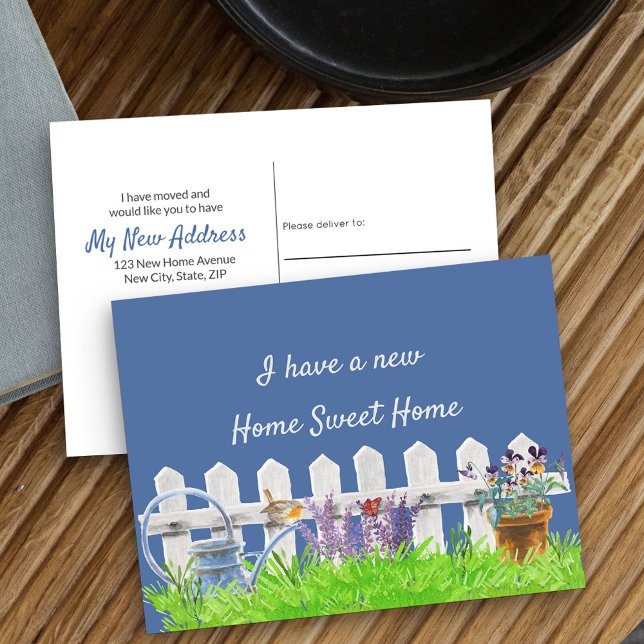 Hem Sött Hem Vit Staket Jag Har Flyttat Meddelande Vykort (New Address postcard with idyllic cottage garden scene)